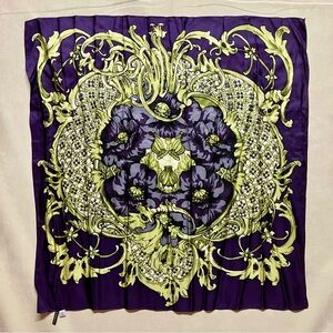 Talbots 100% Silk Square Scarf Purple Sage Green Floral Baroque Ornate Print